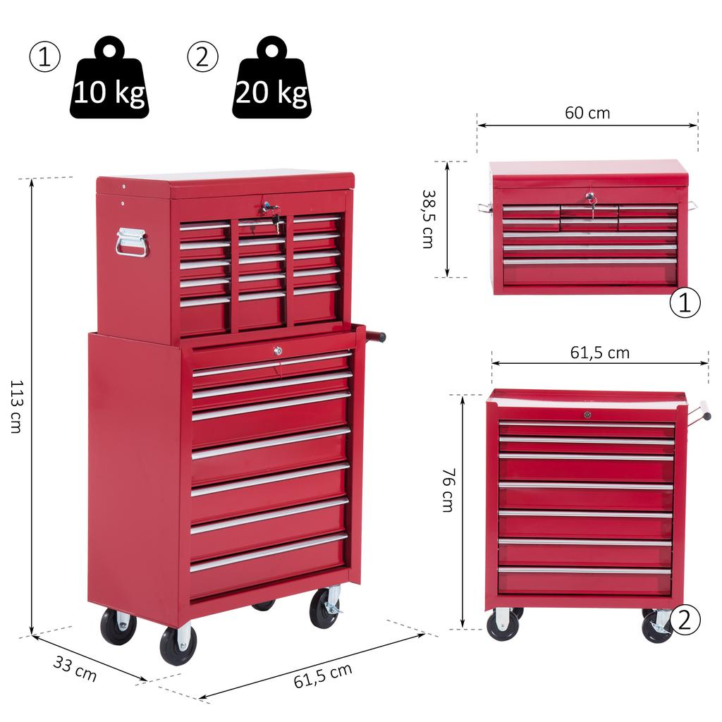 Workshop Trolley with Tool Box, Empty Lockable Tool Cart with Drawers, Tool Compartment, Keys and Non-Slip Mats, Red