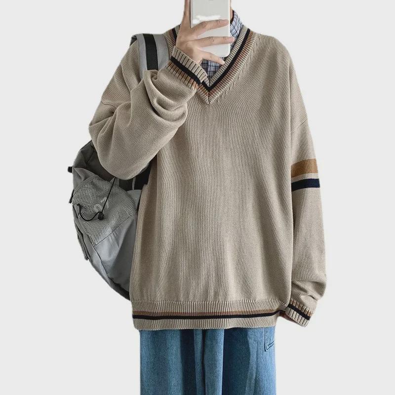 Spring & Autumn Men's Colorblock V-Neck Sweater - Japanese Retro, Korean Fashion, Knitted Jacket