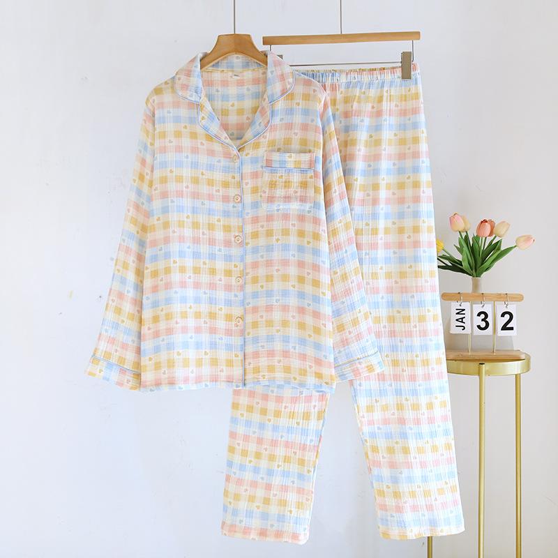 2025 Spring/Summer New Women's Pajama Set 100% Cotton Crepe Collar Love Plaid Long Sleeve Long Pants Home Clothing Set Ladies