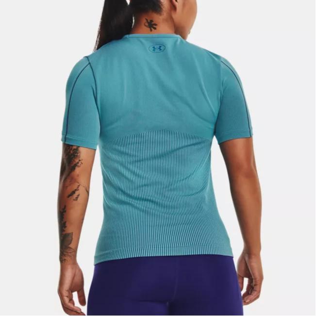 Under Armour Rush Series Solid Logo Embroidered Crew Neck Short Sleeve T-Shirt Women Tops Glacier-Blue 1373929-433