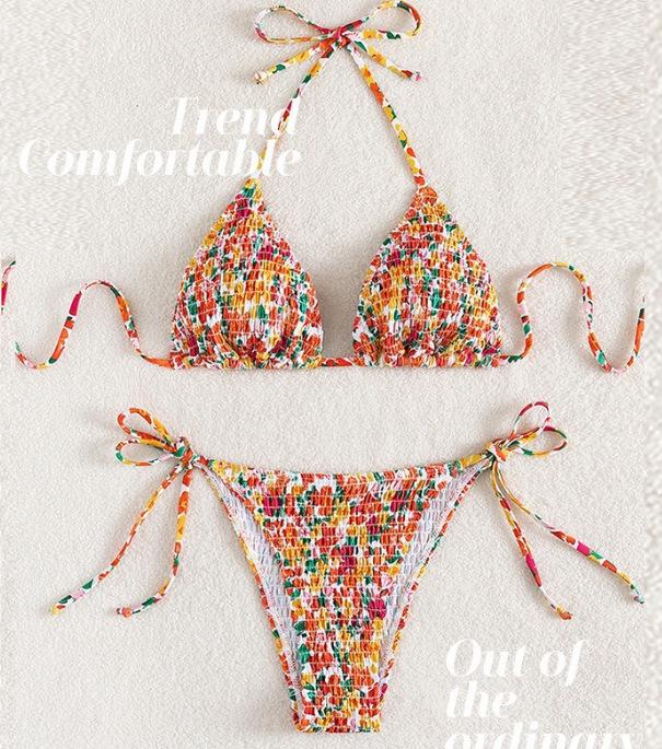 Floral Triangle Cup Three-Piece Swimsuit - Sexy Tie-Up Bikini Set In Stock