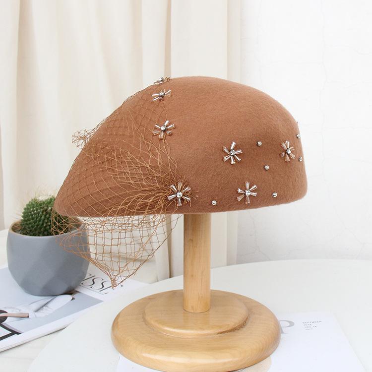 Hut Damen Wintermode Strass Mesh Zylinder Retro Elegant Stewardess Hut Wollbarett