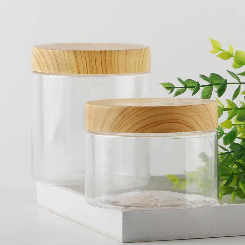 1Pc Plastic Clear Empty Jars Containers with Imitation Wood Texture 30ML-300ML Seasoning Storage Jars for Home Use with Lids