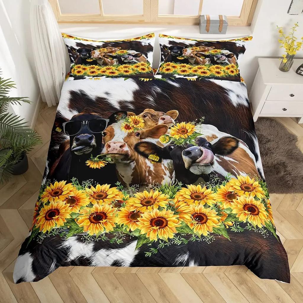 Sunflower Duvet Cover Set Yellow Flower Bedding Set Sunflower Botanical Floral Garden Bloom Print on Black Polyester Quilt Cover