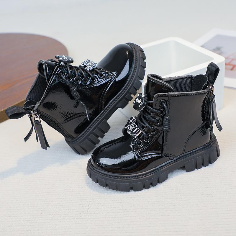 Kids Patent Leather Lace Up Back Zipper Martin Boots 26 чёрный