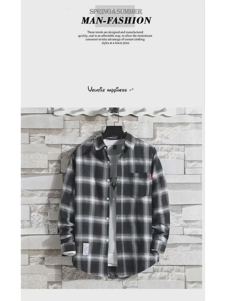 Cămașă de iarnă pentru bărbați 2024, călduroasă, cu catifea, cu mâneci lungi și carouri - Stil coreean toamnă/iarnă