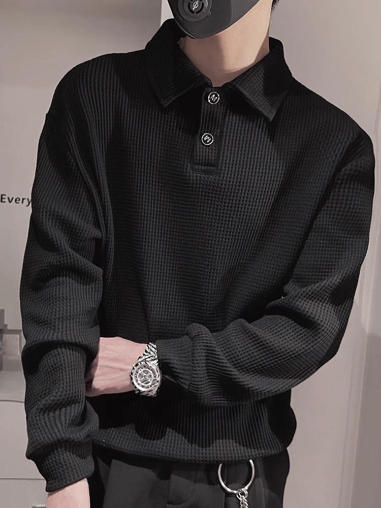 Men's White Oversized Waffle Polo - Autumn/Winter Heavyweight Turn-Down Collar Outerwear