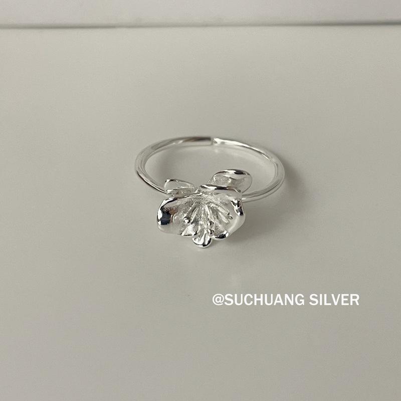 Su Chuang S925 Sterling Silver Adjustable Flower Ring for Women - Sweet, Luxurious, Minimalist Style