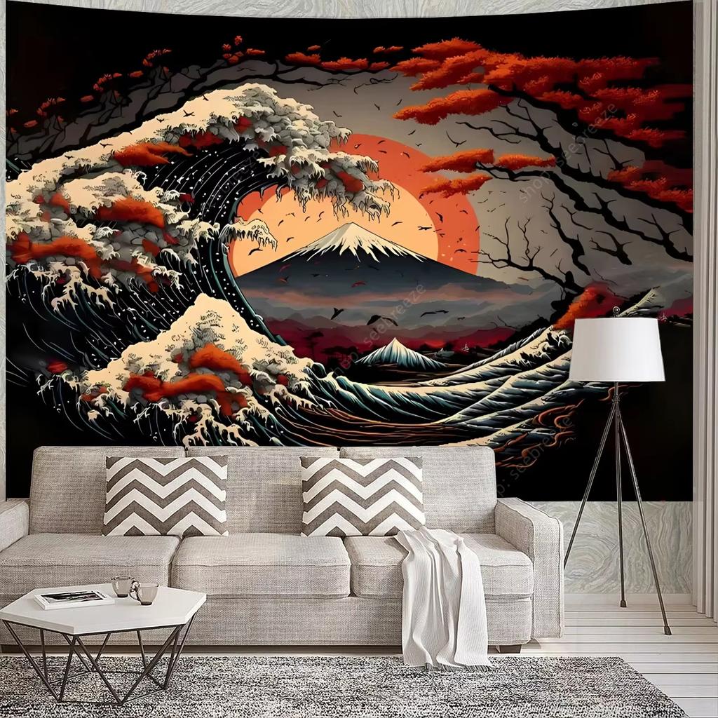 Japanese Great Waves UV Reactive Tapestry Mount Fuji Wall Hanging Cloth Aesthetic Room Home Decor Background Flag Wall Art Decor