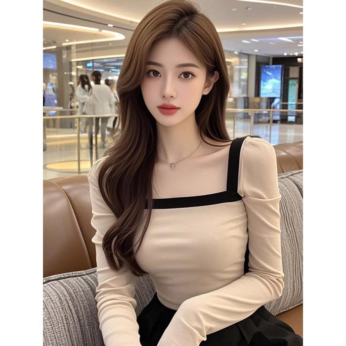 2026 Spring Women s Slim Fit Color-Block Square Neck Long-Sleeve Top - Versatile & Flattering Extra Large