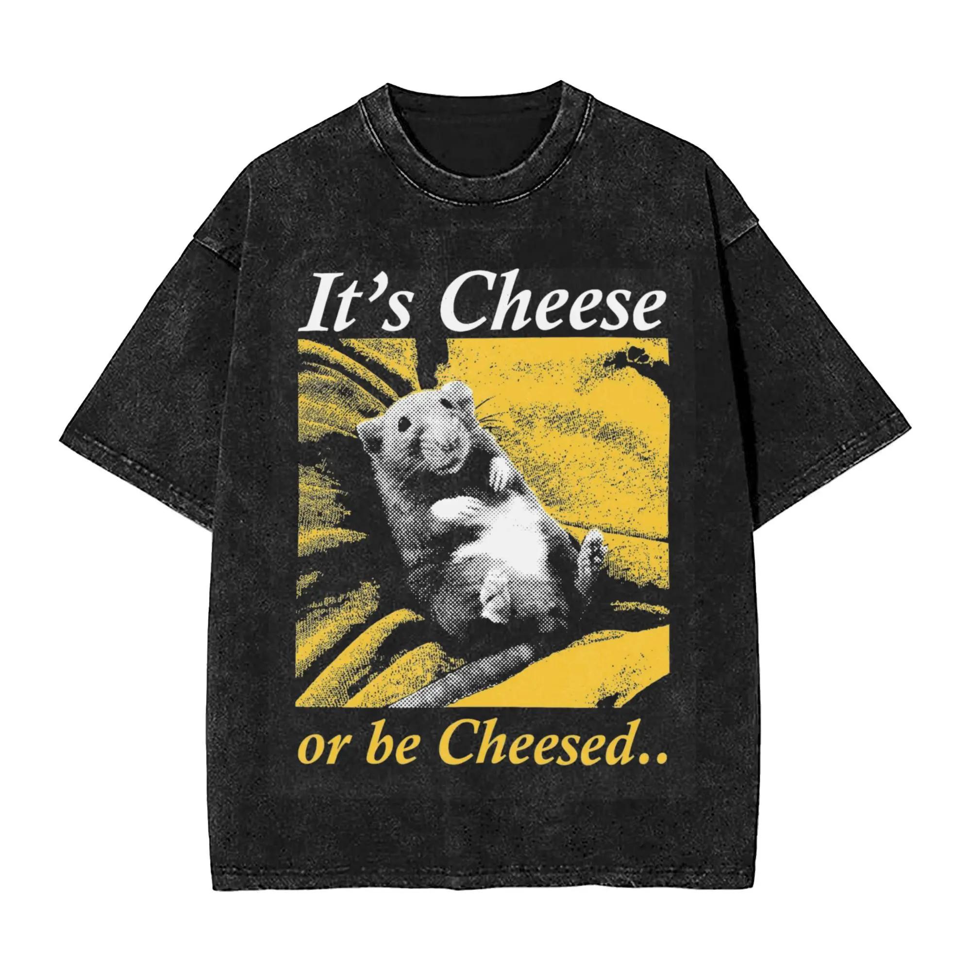 It s Cheese or Be Cheesed Rat Washed T Shirt Streetwear Hip Hop Retro T-Shirts  Tees Men Women Short Sleeve Harajuku Summer S