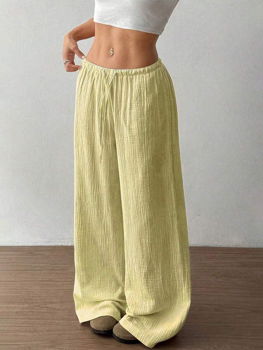 

2025 Women s Fashion: Elegant Stretchy Wide-Leg Solid Color Pants S жёлтый