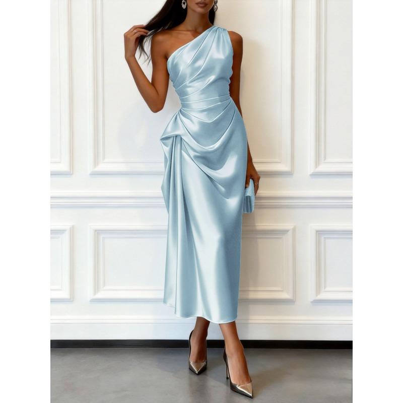 Abito estivo europeo e americano in raso ad alta elasticità senza maniche con spalla obliqua in vita medio-lungo elegante abito da sera