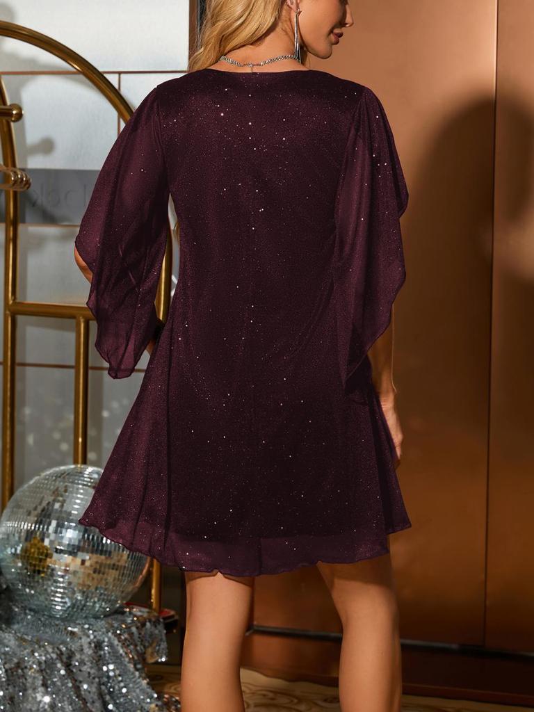 Elegancka sukienka z dekoltem w serek i rękawem 5/8, hot-stampingowana, na wiosenne/letnie przyjęcia