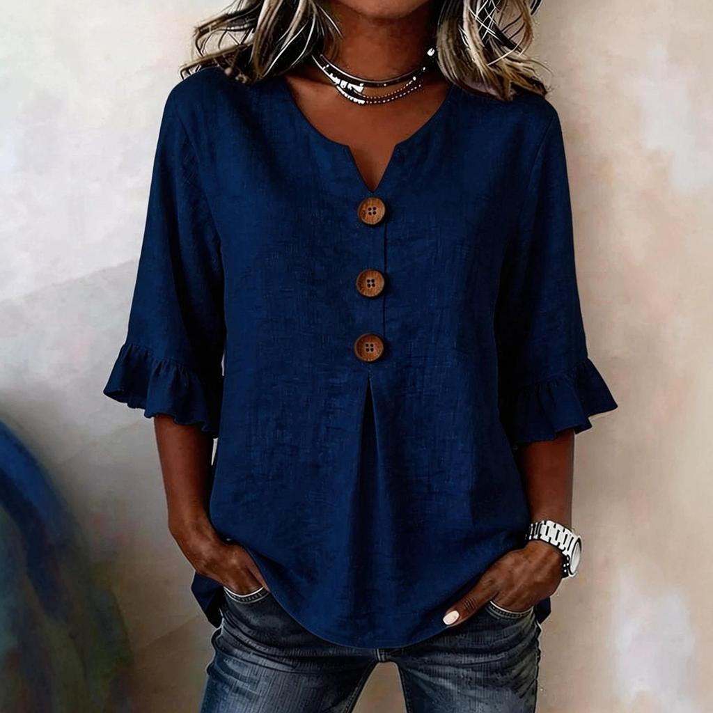 Women's V Neck Linen Button Top Summer Casual Blouse Breathable Lightweight Tshirts for Beach Office Vacation