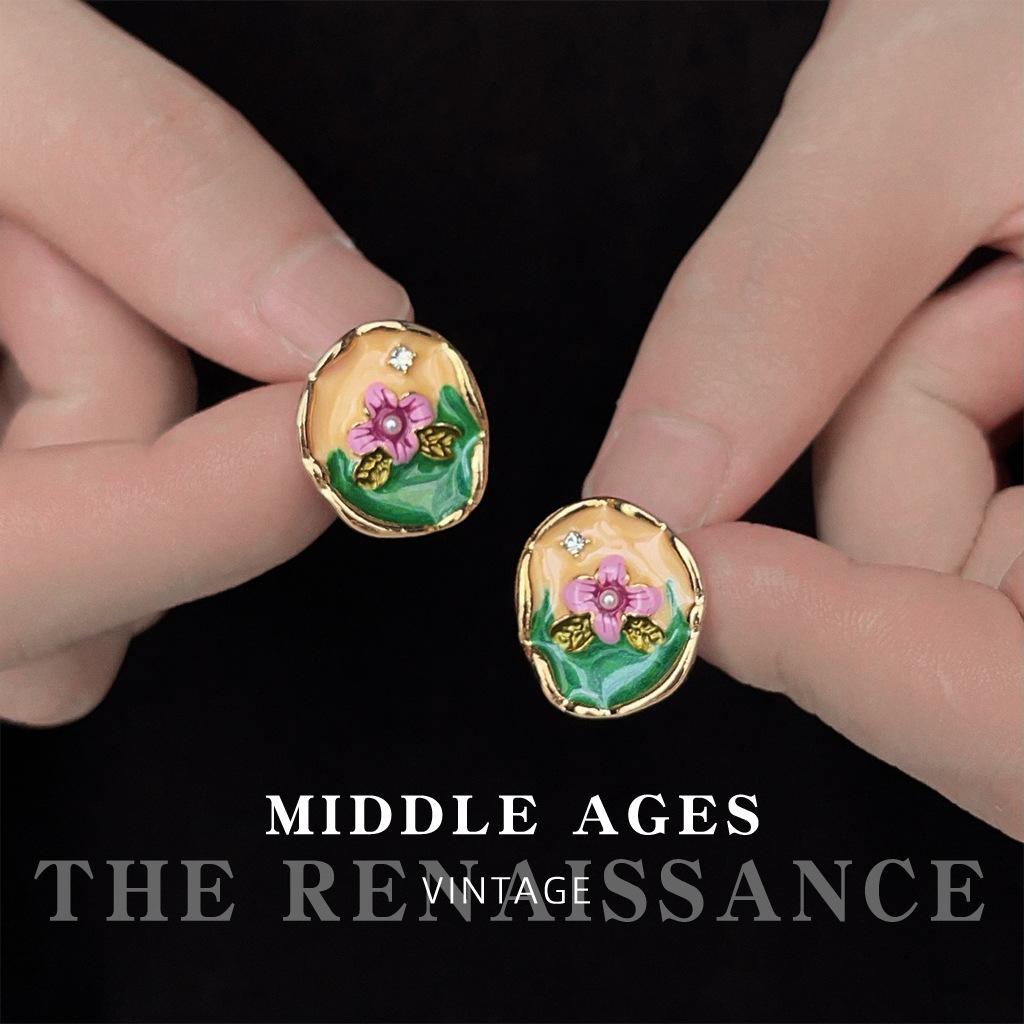 

Monet oil painting retro earrings French court style stud earrings enamel drip glaze flower earrings