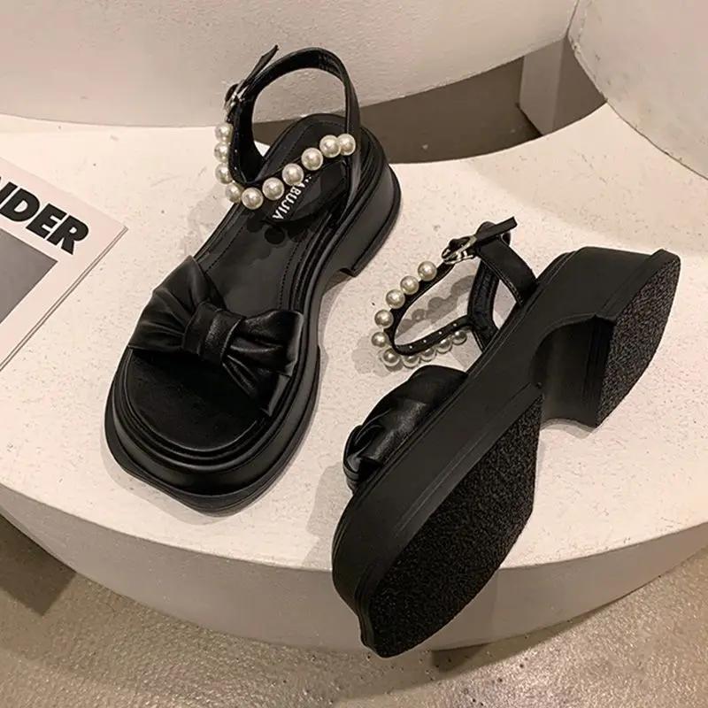 Summer 2025 Women's Shoes Black Block Heel Pearl One Word Footwear Beach Sandals for Woman Bow Korea F Luxury Designer On Offer
