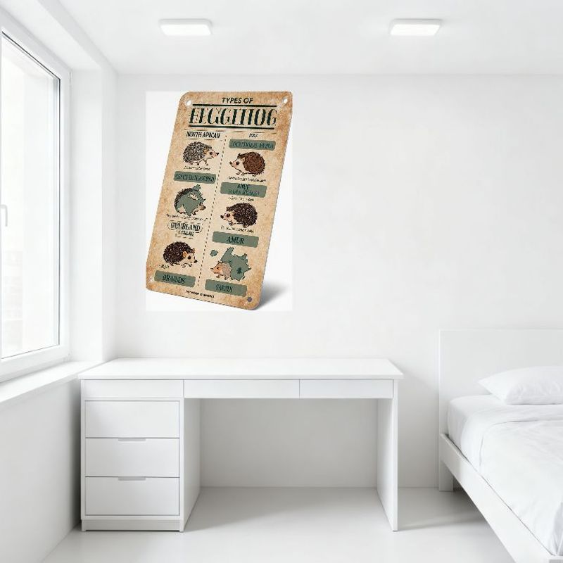 Vintage 'Types of Hedgehog' Educational Metal Sign - North African & Soika Hedgehog Varieties Illustrations, Retro Hand-Drawn Po