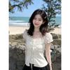 Korean pure desire storm point one-word collar short-sleeved t-shirt women's summer new slim-fitting sweet short fake two-piece top