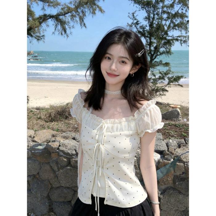Korean pure desire storm point one-word collar short-sleeved t-shirt women's summer new slim-fitting sweet short fake two-piece top