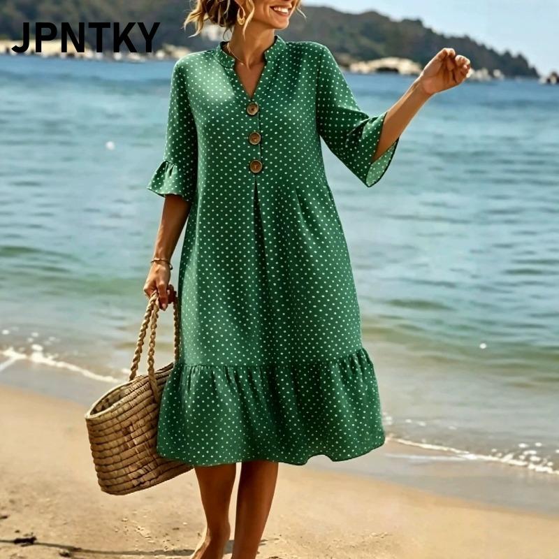 JPNTKY Women's 3/4 Sleeve V-Neck Fashion Summer Spring Casual Dresses