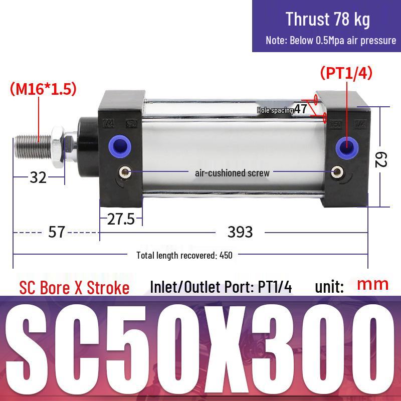 SC63 High Thrust Small Pneumatic Cylinder, Model SC40/50/80/100*125X150X200X500-S