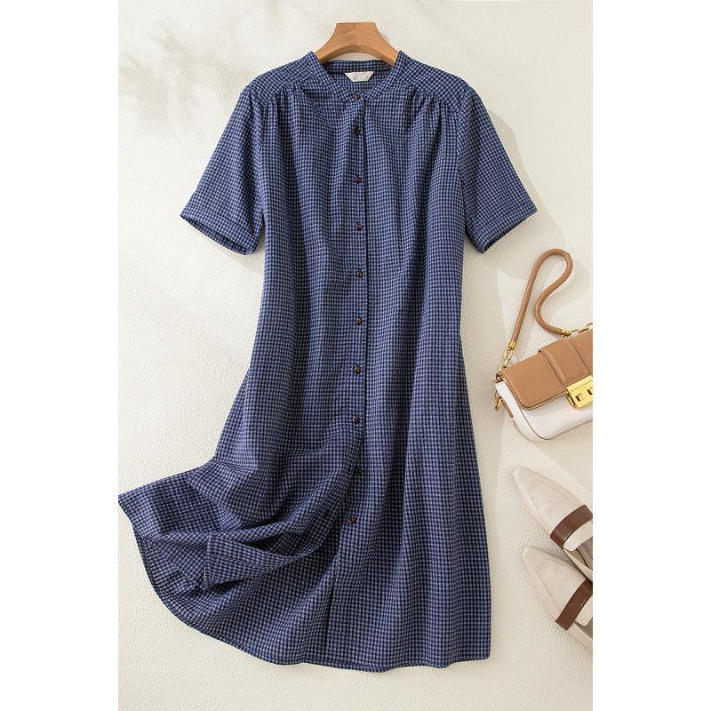 

Japanese Style Blue Plaid Cotton Linen Shirt Dress for Women - Summer Short Sleeve Long Layered Design Large синий