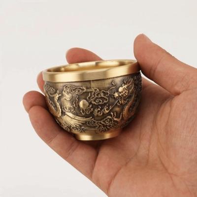 Vintage Retro Dragon Phoenix Cup Traditional Feng Shui Hundred Blessings Cup Gold Desktop Ornament Millet Cylinder Office Desk
