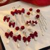 Autumn Winter Red Flocked Flower No-Pierce Ear Clips for Women - Elegant Birth Year Versatile Drop Earrings