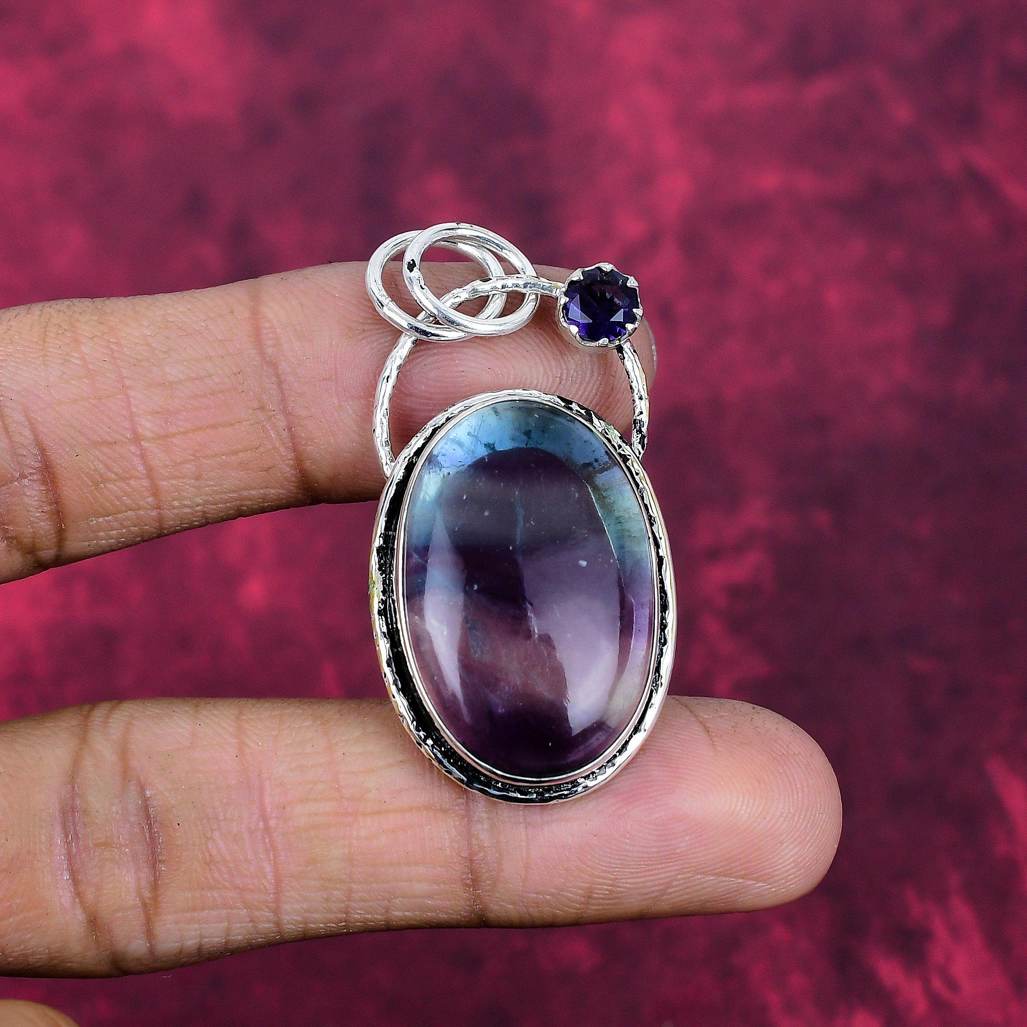 

Fluorite & Amethyst Handmade Gemstone Pendant, 925 Solid Sterling Silver Pendant Antique Jewelry, Pendant For Thanksgiving 1.96 Inches