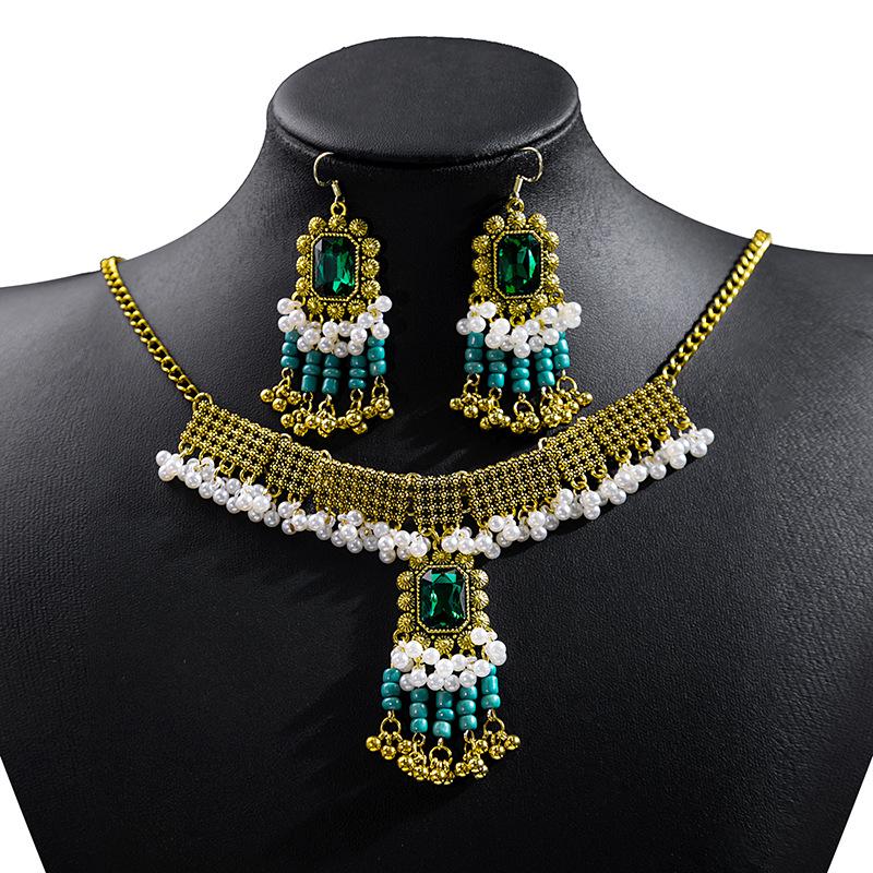 Bohemian Crystal Jewelry Set: Ethnic Tassel Necklace & Earring with Rhinestones