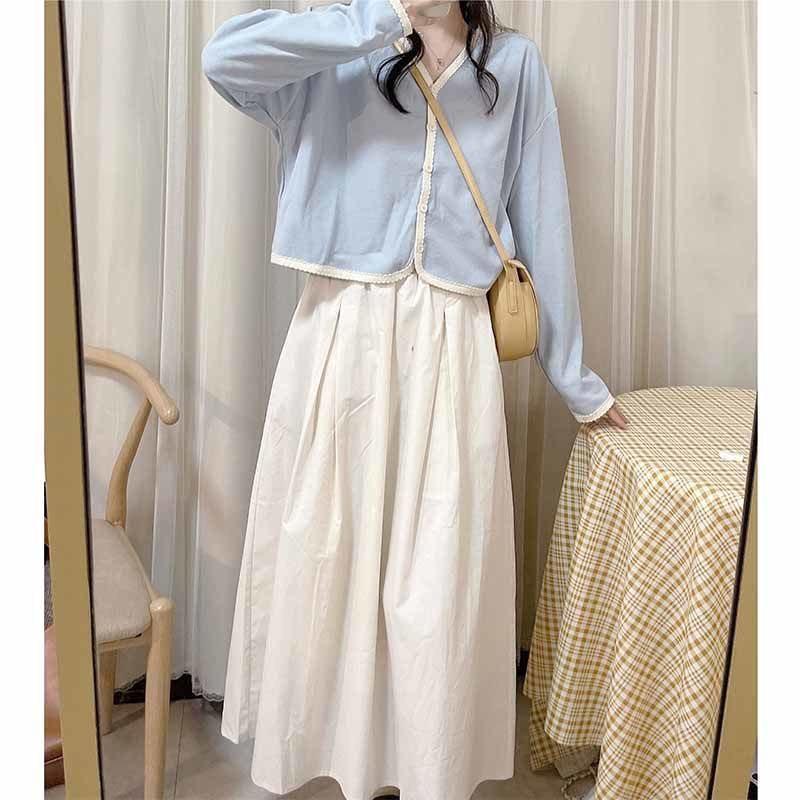 

Korean Style Lace V-Neck Long Sleeve Cardigan & White Midi Skirt Autumn Two-Piece Set for Women XXL (125-155 jin)