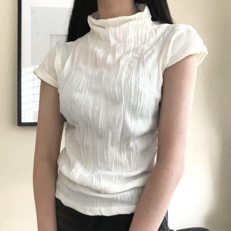 

Сплошной цвет, плиссированная женская футболка с короткими рукавами, корейские простые женские футболки с высоким воротом, летний тонкий универсальный топ 2XL белый