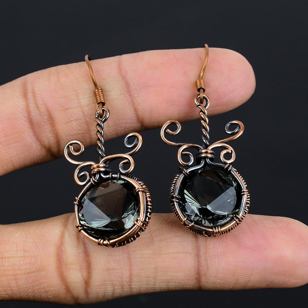 Green Amethyst Gemstone Earrings, 999 Copper Wire Wrapped Earrings, Handmade Antique Jewelry, Gift For Mother Day
