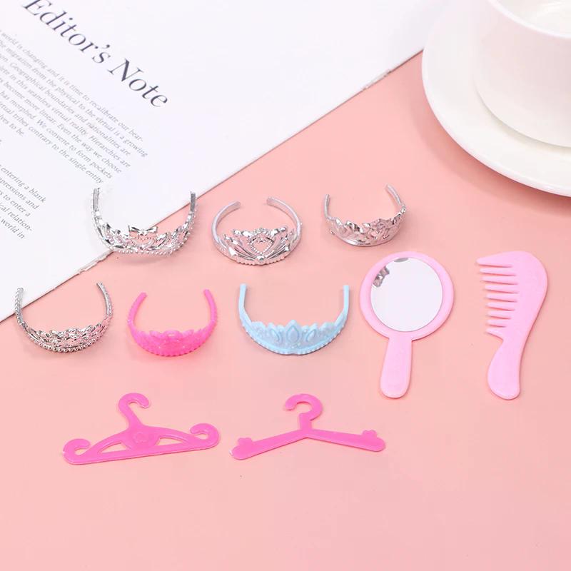 10pcs Dollhouse Electroplated Crown Necklace Earstuds Bracelets Earrings Pendant Pack Accessories Dressing Princess Doll Toy