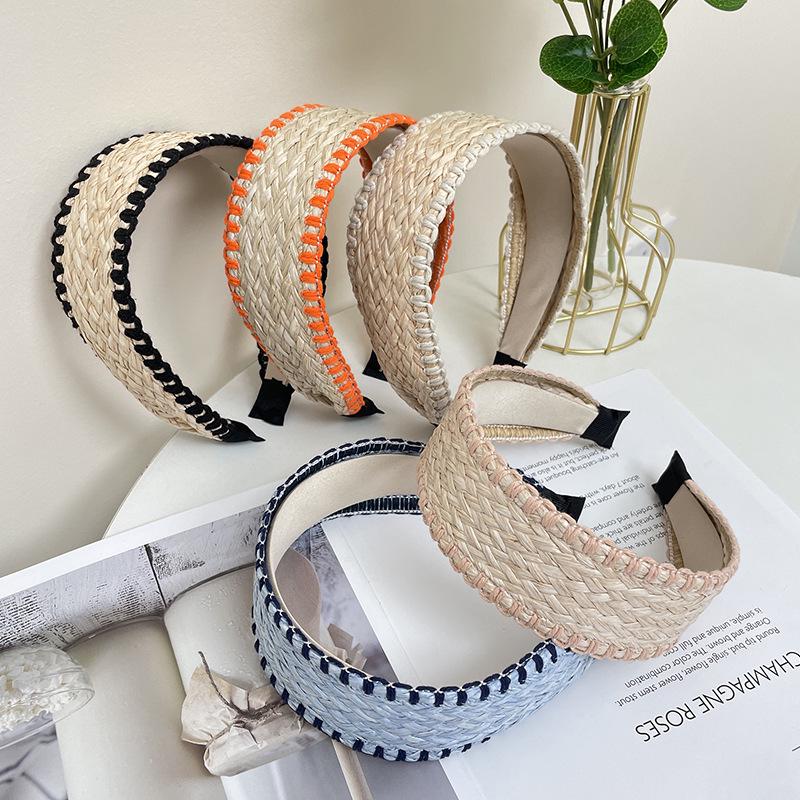 

Bohemian Wide-Brimmed Straw Braid Headband with Elegant Knot Design for Women синий