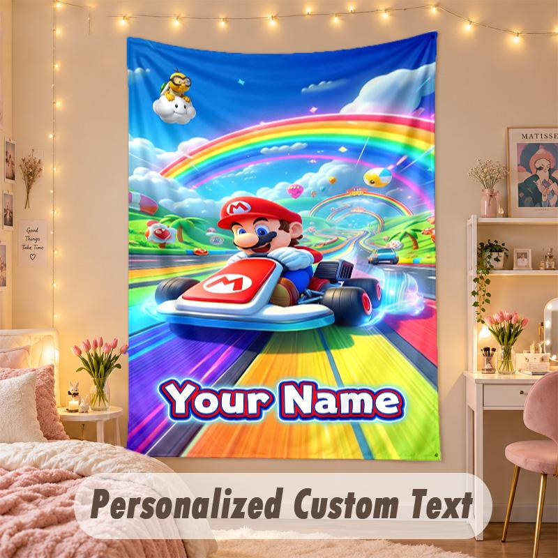 Custom Personalized Tapestry,Super Mario Print Custom Name Text Wall Art Hanging for Bedroom