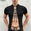 Men Summer Short Sleeve Hollow Lace-up Fitted Tops Tee