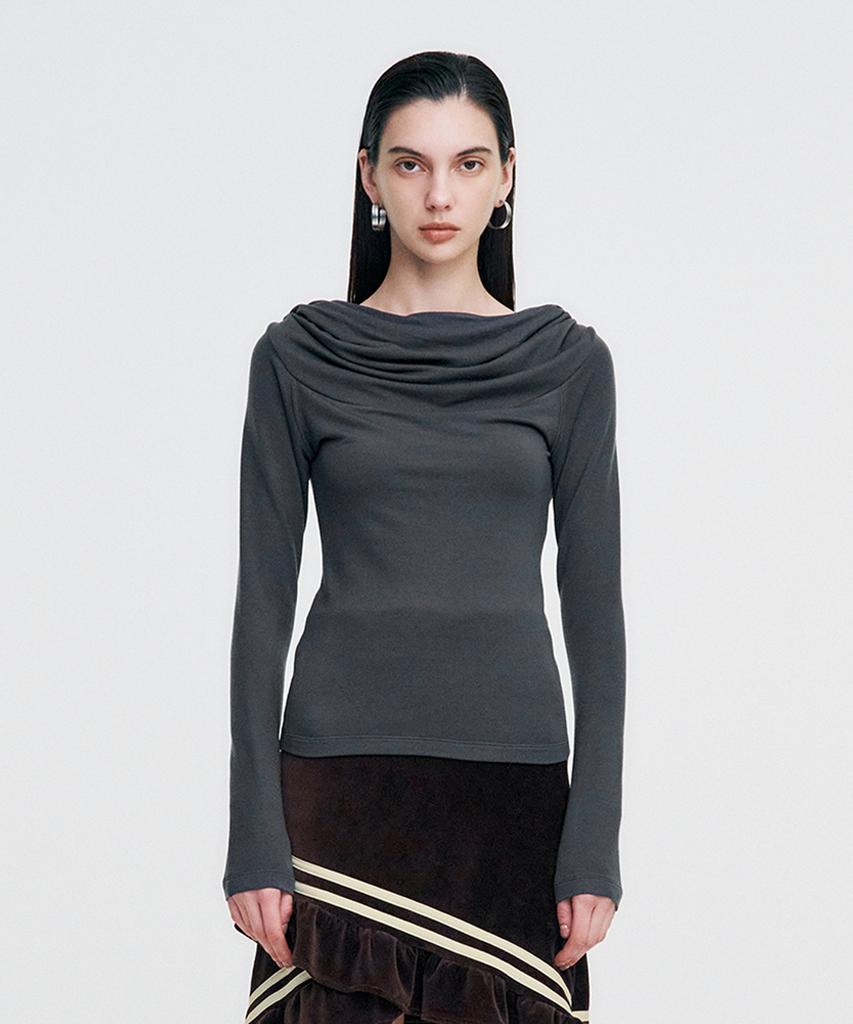 Cowl Neck Soft Slim Hoodie _ Charcoal