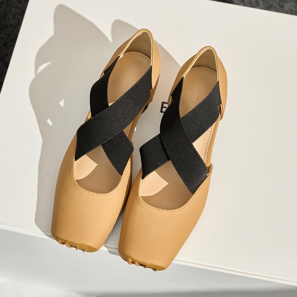 Leather ballet shoes hollow sandals women's summer wear retro style square head thick heel light mouth Mary Jane single shoes women
