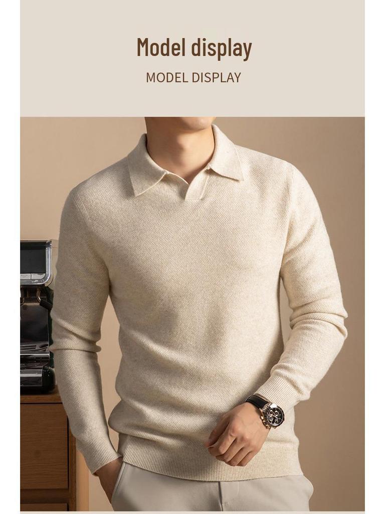 Men's Seagull Neck Cashmere Sweater Base Layer with Turn-Down Collar