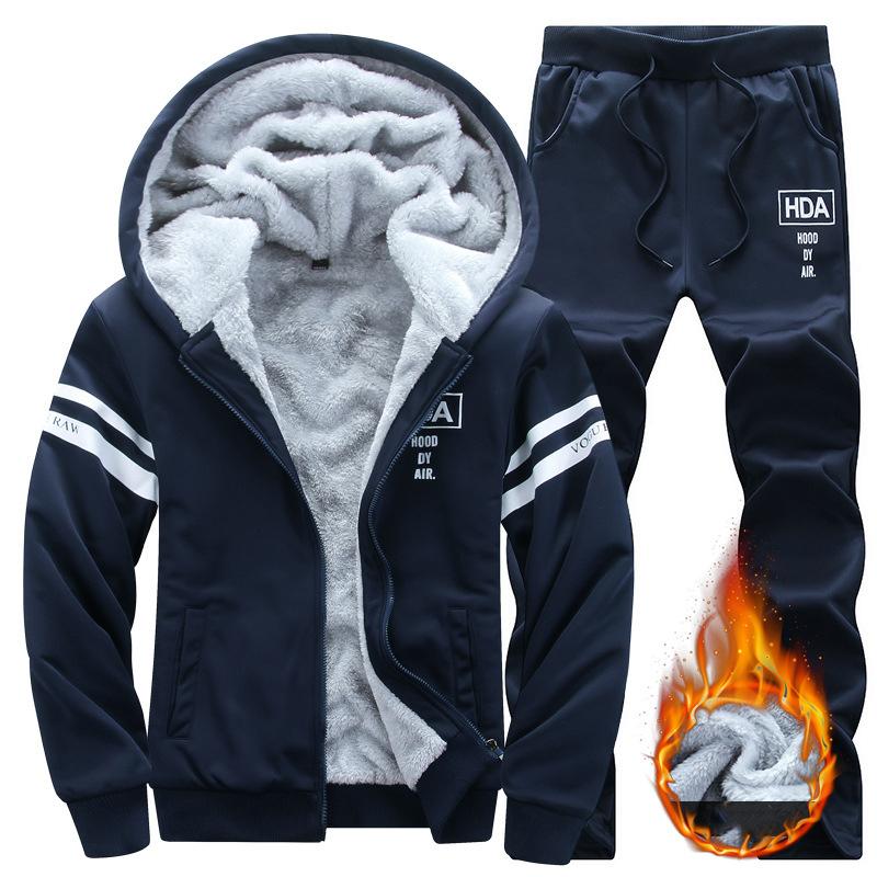 Men Tracksuit Thick Winter Autumn Men's Casual Printed Sports Suit Loose Hooded Hoodies Long Pant Two Piece Male Sportwears Sets