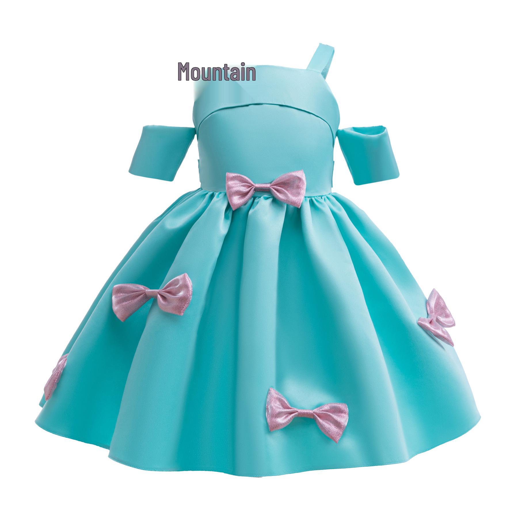 

Новое голубое платье принцессы с бантом и открытыми плечами для девочек 2025 150 циан