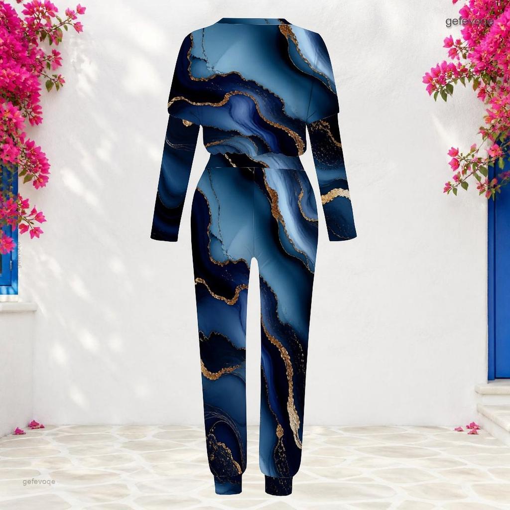 Women Plus Size Printed Turquoise Blue Round Neck Long Sleeve Top Cuffed Pants Two Piece Set With Pockets