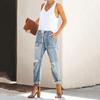 Women Pull- Distressed Denim Joggers Elastic Waist Stretch Pants