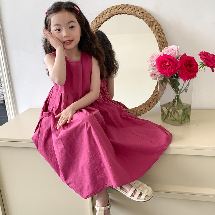 Summer Girls Sleeveless Princess Dress Children Clothing Teen Solid Color Cotton Bubble Skirt Kid Vacation Style Vest Dress