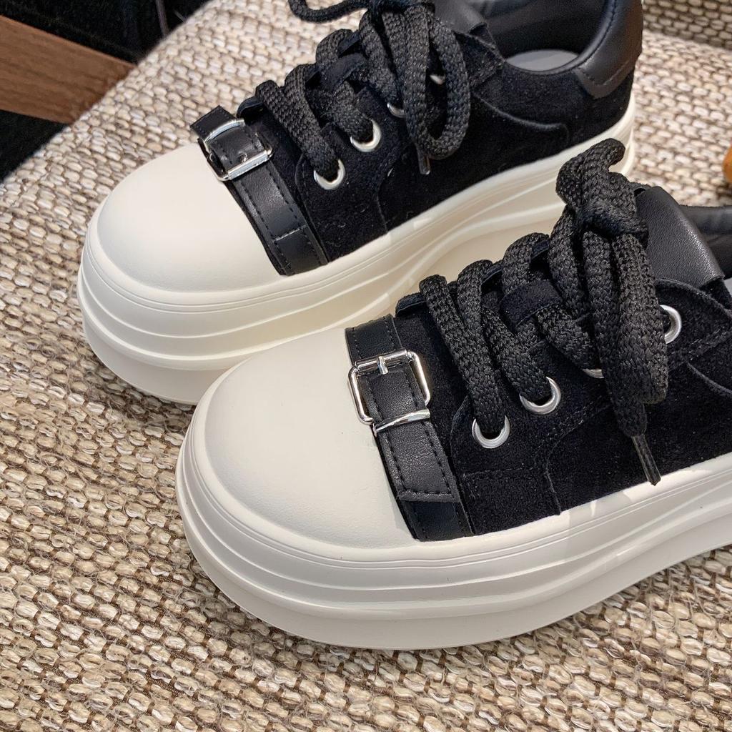 2025 Autumn New Metal Buckle Soft Leather Thick-soled Muffin Small 6cm Height Increase Casual Board Shoes Bread Shoes