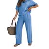 Women's Cotton Linen Two-Piece Outfit Short Sleeve Crew Neck Top And Wide Leg Pants Set Floral Embroidery Casual Lounge Tracksuit