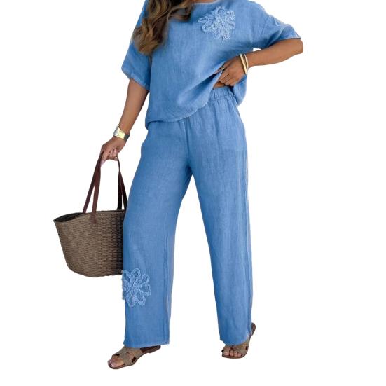Women's Cotton Linen Two-Piece Outfit Short Sleeve Crew Neck Top And Wide Leg Pants Set Floral Embroidery Casual Lounge Tracksuit