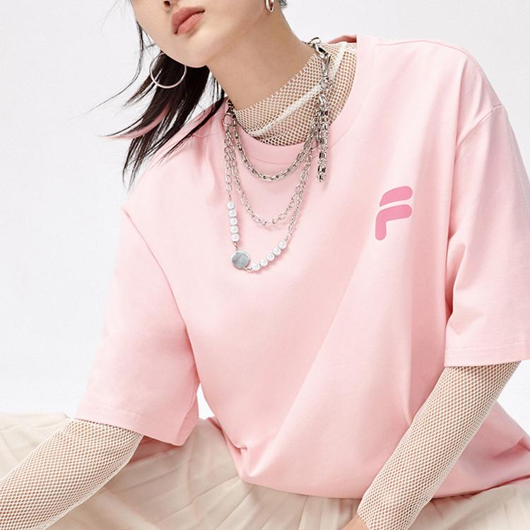 FILA Fusion Sports Lifestyle Series Casual Printed Round Neck Short Sleeve T-Shirt Unisex Tops Youth-Pink T11U126110FPK